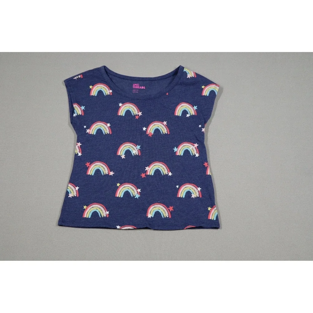 Epic Threads Girls‎ Rainbow Print Tee Shirt- Navy - Size M